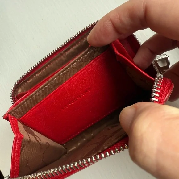Longchamp Red Leather zip card case coin purse Wallet - Picture 8 of 9